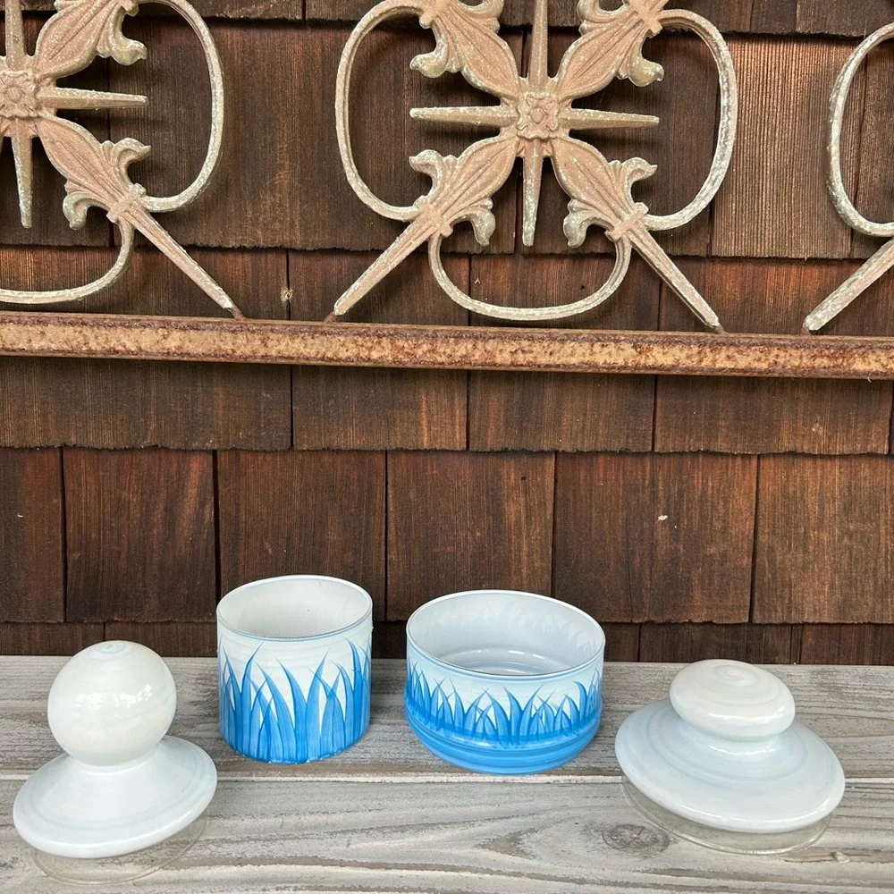 Vintage Blue and White Hand Painted Lidded Glass Jars with Coastal Motiff